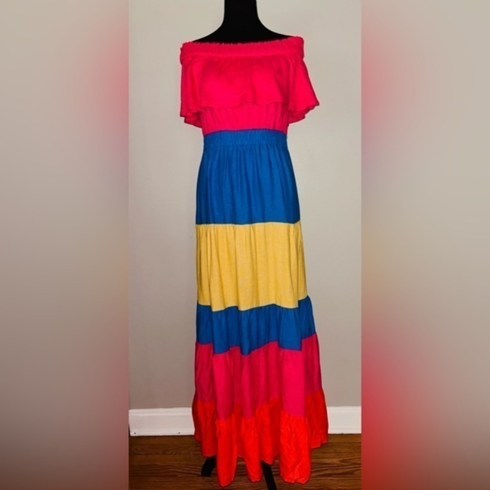 Carole Christian Linen Blend Tiered Maxi Dress Rainbow Sz Medium
